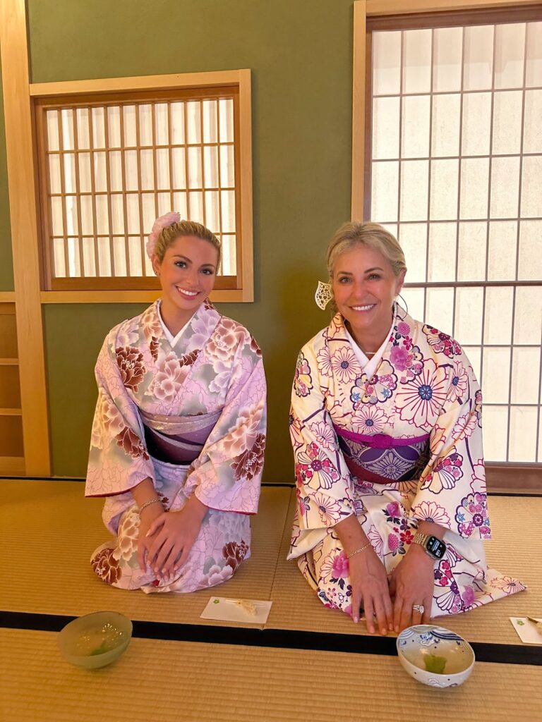 Dressed in a kimono for a matcha green tea experience in Kyoto