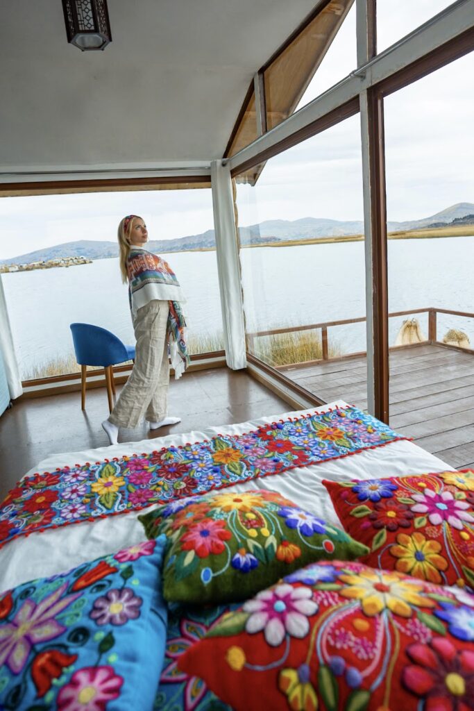 Sky in colorful Peruvian scarf in floating lodge