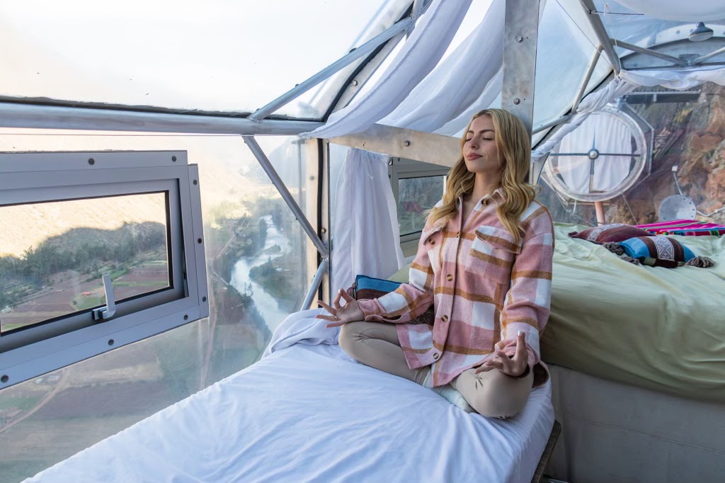 view of the Sacred Valley from inside the transparent sleeping pods at Skylodge Peru