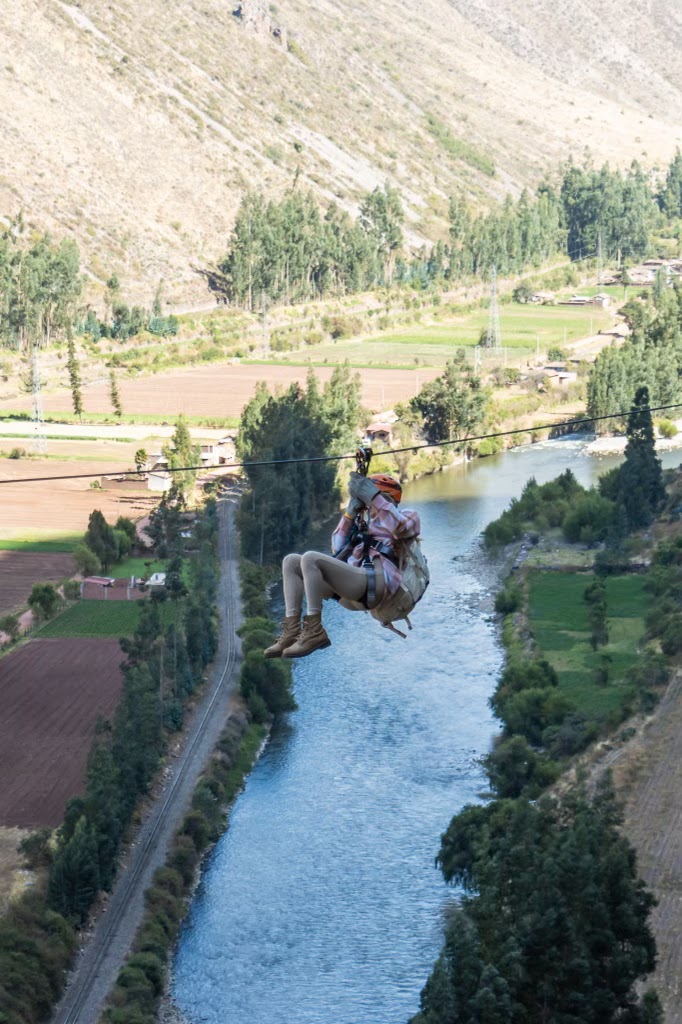 ziplining down from Skylodge Adventure Suites in Peru