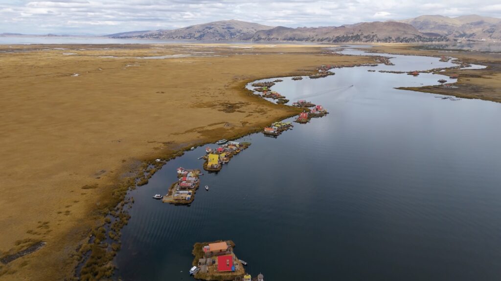 aerial view of floating homestays at Lake Titicaca