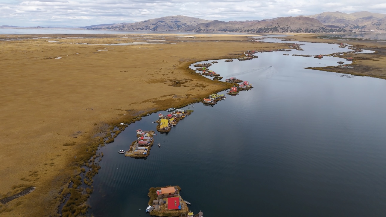 drone photo of the Uros Islands, the floating islands of Peru