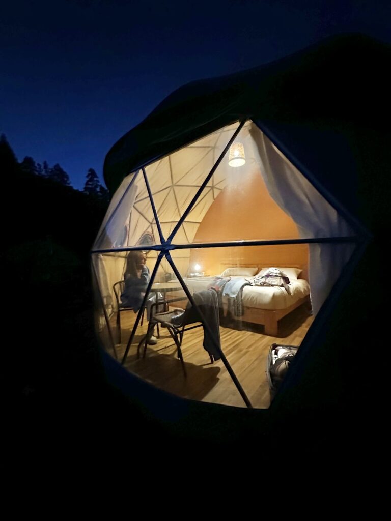 Geodesic domes in Peru Eco Camp at night