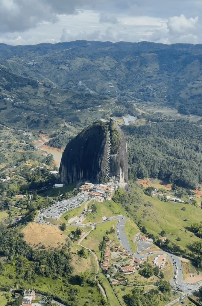 flying over Guatape's Piedra del Penol in Colombia