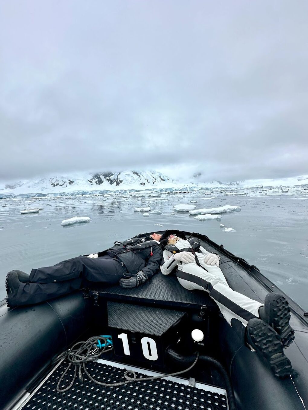 Sky on a zodiac in Flanders Bay Antarctica