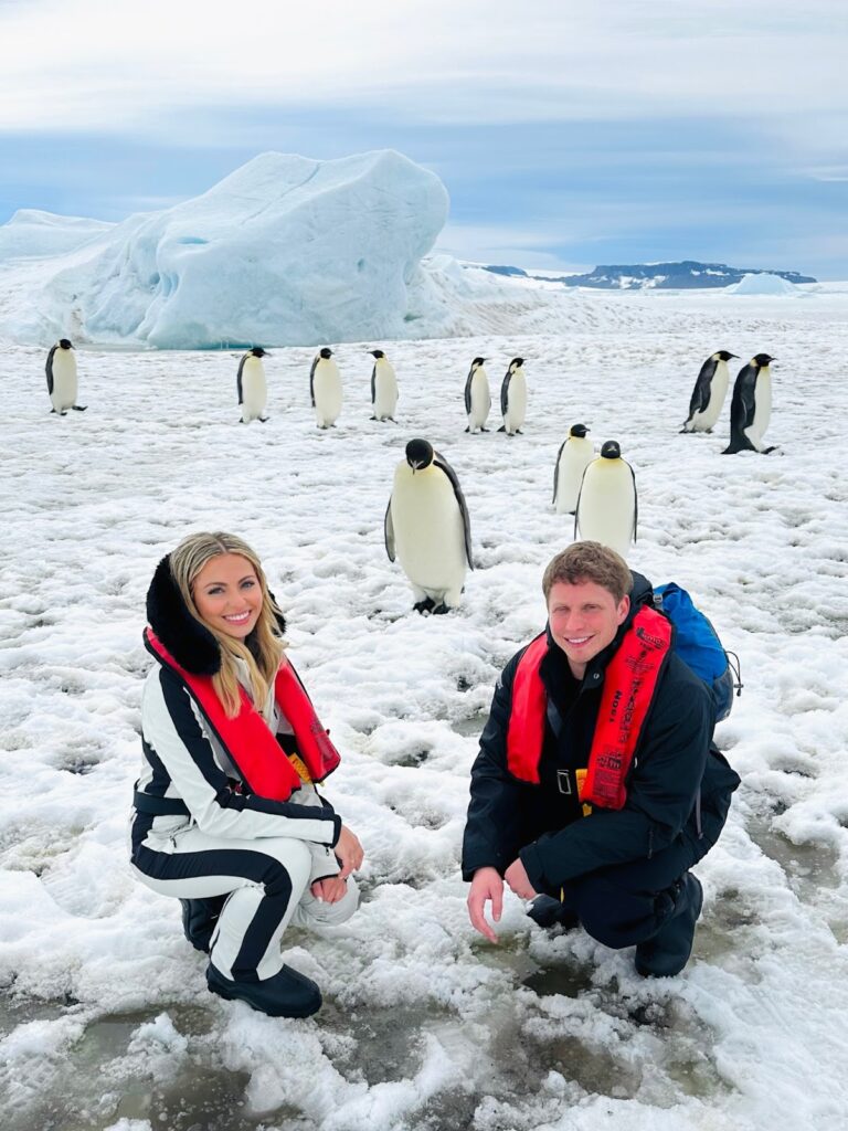 Sky with penguins on snow hill island antarctica