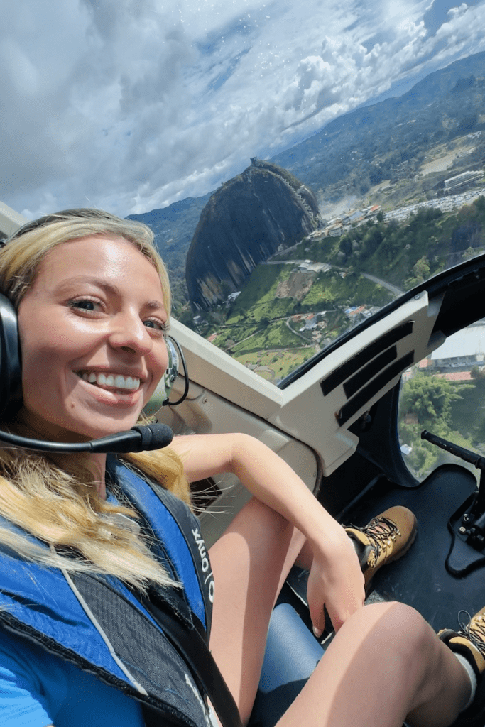 flying over Guatape's Piedra del Penol in Colombia